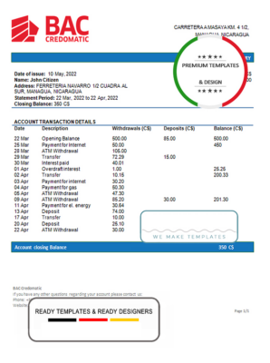 Nicaragua BAC Credomatic bank statement template, Word and PDF format (.doc and .pdf)