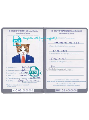 Nicaragua cat (animal, pet) passport PSD template, fully editable