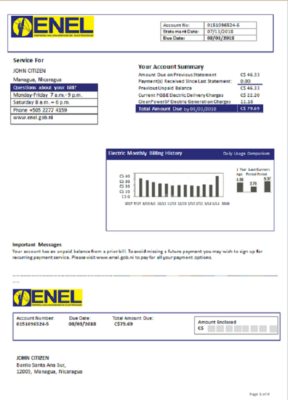 Nicaragua Nicaraguan Electricity Company ENEL electricity utility bill template in Word and PDF format