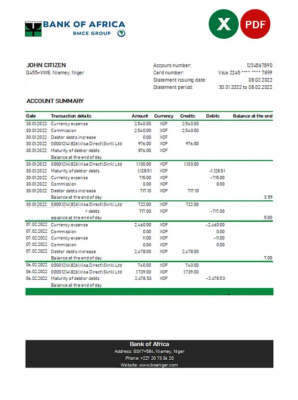 Niger Bank of Africa bank statement Excel and PDF template