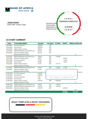 Niger Bank of Africa bank statement template in Word and PDF format