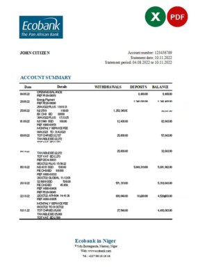 Niger Ecobank bank statement Excel and PDF template