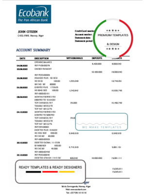 Niger Ecobank bank statement template, Word and PDF format (.doc and .pdf)