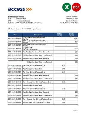 Nigeria Access bank statement Excel and PDF template