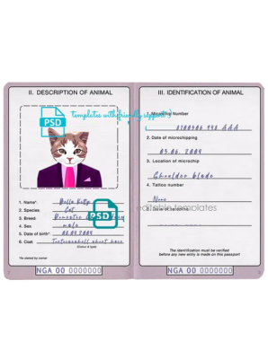 Nigeria cat (animal, pet) passport PSD template, fully editable