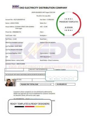 Nigeria Eko Electricity Distribution Company (EKEDC) utility bill template in Word and PDF format