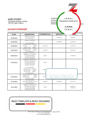 Nigeria Zenith bank statement template in Word and PDF format