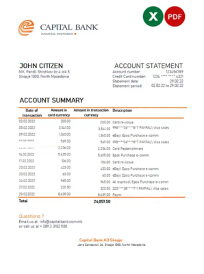 North Macedonia Capital Bank statement Excel and PDF template