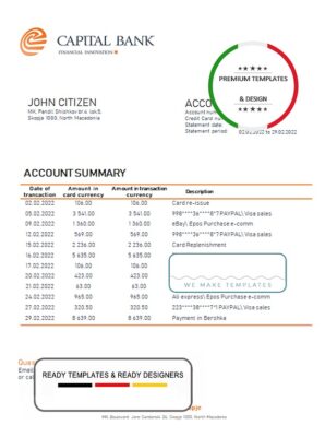 North Macedonia Capital bank statement template, Word and PDF format (.doc and .pdf)