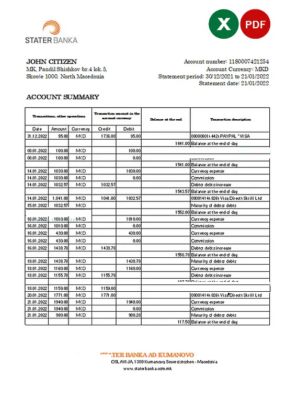 North Macedonia Stater Banka bank statement Excel and PDF template