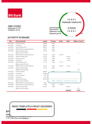 Norway BN Bank bank statement template, Word and PDF format (.doc and .pdf)