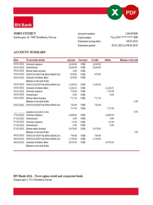 Norway BN Bank statement Excel and PDF template