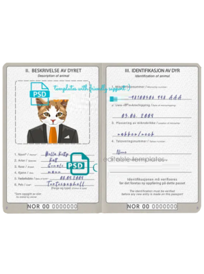 Norway cat (animal, pet) passport PSD template, fully editable