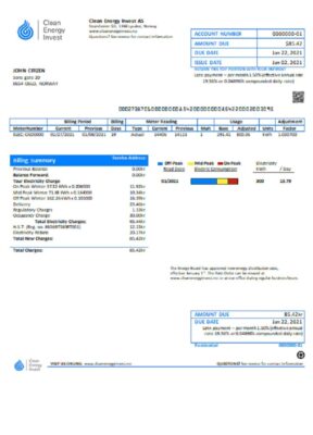 Norway Clean Energy Invest AS utility bill template in Word and PDF format, good for address prove