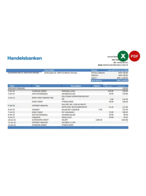 Norway Handelsbank statement Excel and PDF template