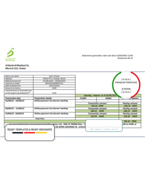 Oman Bank Dhofar bank proof of address bank statement template in Word and PDF format