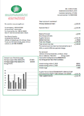 Oman Electricity Transmission Company electricity utility bill template in Word and PDF format