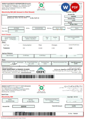 OMAN MUSCAT ELECTRICITY utility bill Word and PDF template