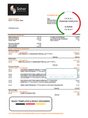 Oman Sohar International bank proof of address bank statement template in Word and PDF format