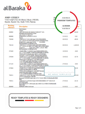 Pakistan Al Baraka bank statement template in Word and PDF format