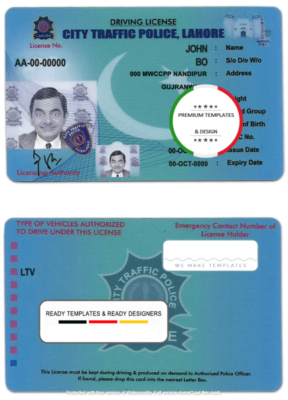 Pakistan City Traffic Police Lahore driver license template in PSD format, with all fonts, fully editable