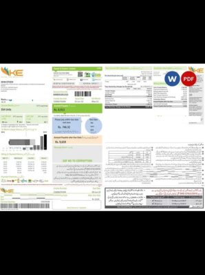 Pakistan KE Electricity bill template in Word and PDF format, 2 pages