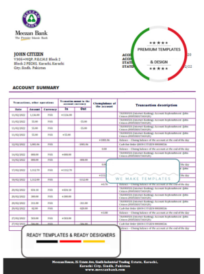 Pakistan Meezan bank statement template in Word and PDF format