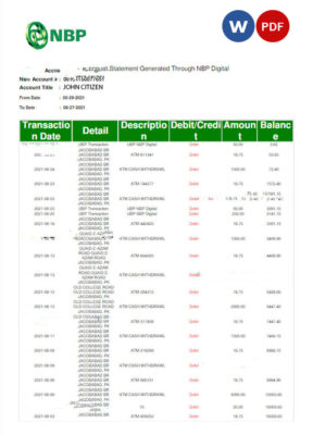 PAKISTAN NBP bank statement Word and PDF template