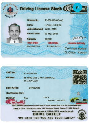 Pakistan Sindh province driving license PSD template, completely editable