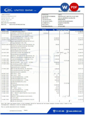 Pakistan UBL bank statement Word and PDF template