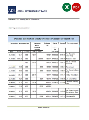 Palau ADB bank statement Excel and PDF template