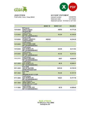 Palau Bank of Guam Bank statement Excel and PDF template