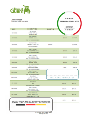 Palau Bank of Guam bank statement template in Word and PDF format