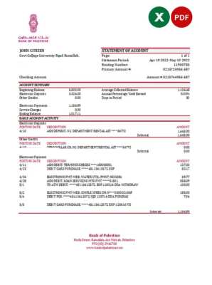 Palestine Bank of Palestine bank statement Excel and PDF template