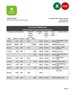 Palestine Quds bank statement Excel and PDF template