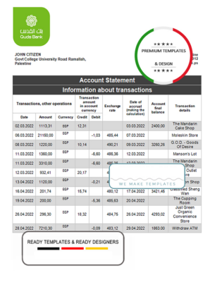 Palestine Quds bank statement template in Word and PDF format