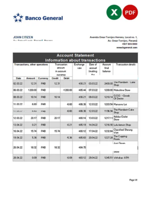 Panama Banco General bank statement Excel and PDF template