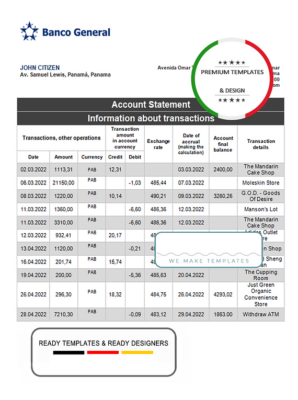 Panama Banco General bank statement template, Word and PDF format (.doc and .pdf)