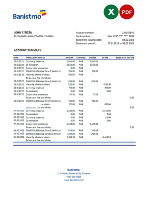 Panama Banistmo bank statement Excel and PDF template