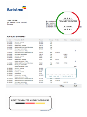 Panama Banistmo bank statement template in Word and PDF format