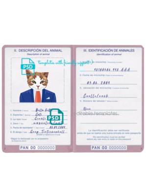 Panama cat (animal, pet) passport PSD template, completely editable