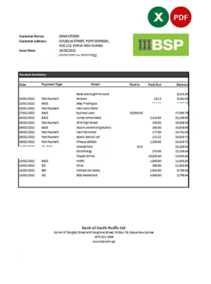 Papua New Guinea BSP bank statement Excel and PDF template