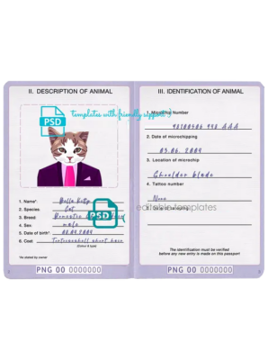 Papua New Guinea cat (animal, pet) passport PSD template, fully editable