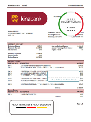 Papua New Guinea Kina Securities Limites bank statement template in Word and PDF format