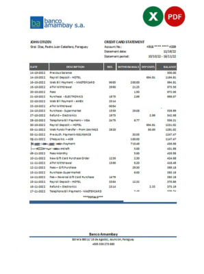 Paraguay Banco Amambay bank statement Excel and PDF template