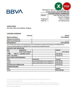 Paraguay BBVA bank statement Excel and PDF template