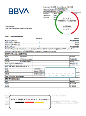 Paraguay BBVA bank statement template in Word and PDF format