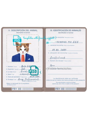 Paraguay cat (animal, pet) passport PSD template, fully editable