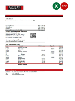 Peru Banco de Comercio bank statement Excel and PDF template