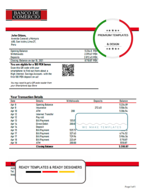 Peru Banco de Comercio bank statement template in Word and PDF format